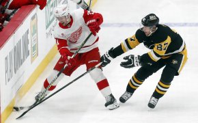 Detroit Red Wings center Austin Czarnik moves the puck against Pittsburgh Penguins center Sidney Crosby
