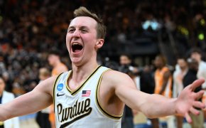 Purdue Boilermakers guard Fletcher Loyer celebrates an Elite Eight win over the Tennessee Volunteers