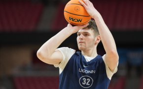 Donovan Clingan during practice before the 2024 March Madness Final Four