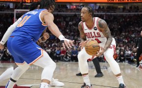 New York Knicks guard Jalen Brunson defends Chicago Bulls forward DeMar DeRozan