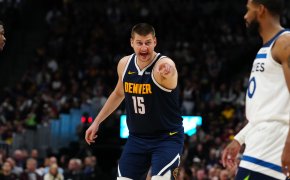 Denver Nuggets center Nikola Jokic pointing and yelling against the Minnesota Timberwolves