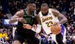 Los Angeles Lakers forward LeBron James tries to drive past New Orleans Pelicans forward Zion Williamson