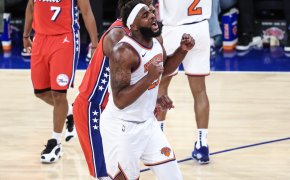 New York Knicks center Mitchell Robinson reacting to a foul call