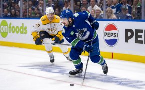 Nashville Predators defenseman Roman Josi watches Vancouver Canucks forward Conor Garland handle the puck in the third period in game one of the first round of the 2024 Stanley Cup Playoffs