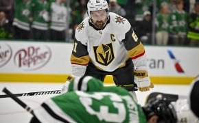 Vegas Golden Knights right wing Mark Stone waits for the faceoff against the Dallas Stars