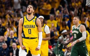 Indiana Pacers guard Tyrese Haliburton celebrates after hitting a three