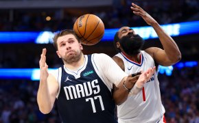 Dallas Mavericks guard Luka Doncic and LA Clippers guard James Harden battles for the ball during game four of the first round for the 2024 NBA playoffs at American Airlines Center