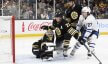 Toronto Maple Leafs left wing Matthew Knies scores the game winning goal past Boston Bruins goaltender Jeremy Swayman