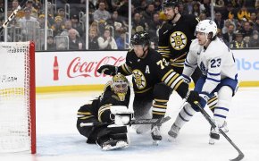 Toronto Maple Leafs left wing Matthew Knies scores the game winning goal past Boston Bruins goaltender Jeremy Swayman