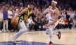 Indiana Pacers guard Tyrese Haliburton controls the ball as New York Knicks guard Josh Hart defends
