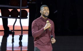 Usher performing at Super Bowl halftime show