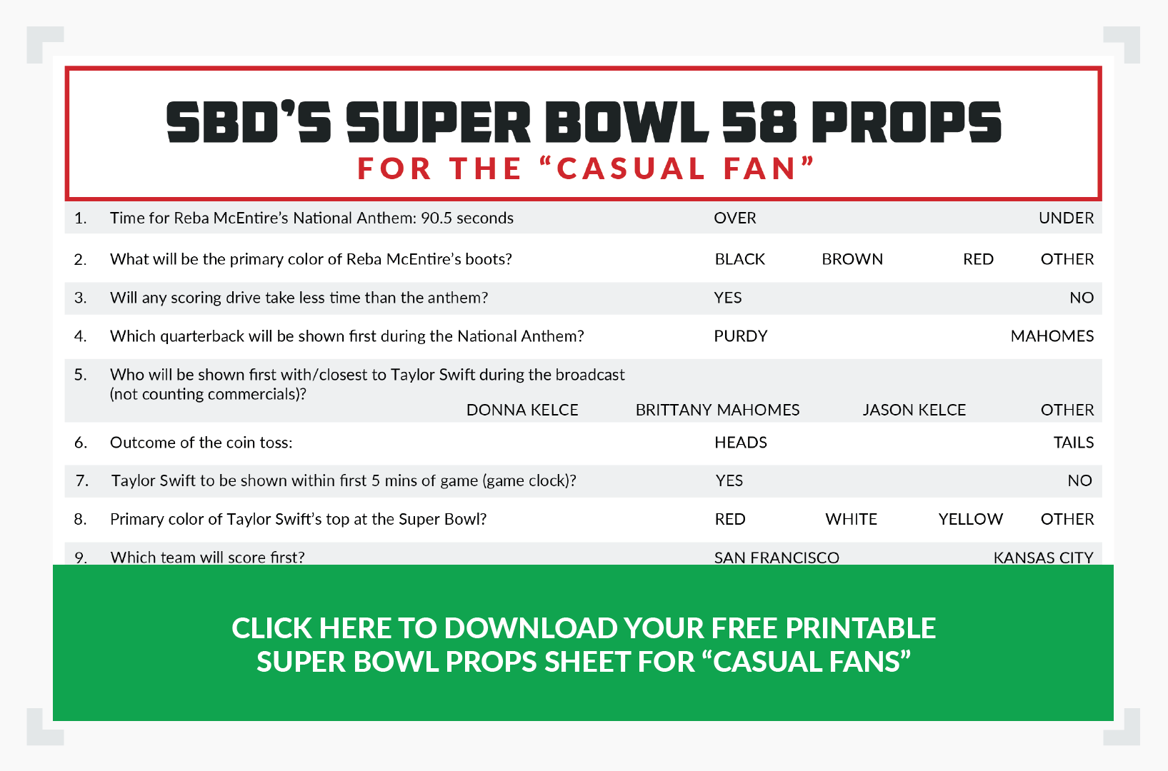Super Bowl props sheet for casual fans