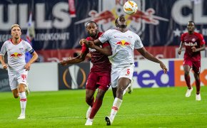 Red Bull Leipzig's Ibrahima Konate tries to control the ball