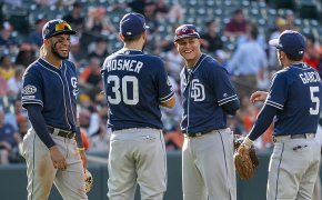 San Diego Padres players talking on the field
