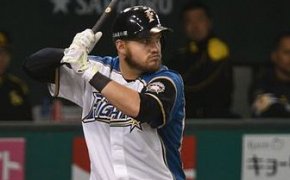 Chiba Lotte Marines infielder Brandon Laird at the plate