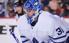 Frederik Andersen in goal for the Leafs