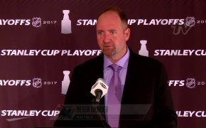 San Jose Sharks' coach Peter DeBoer speaks to the media during the 2017 Stanley Cup Playoffs