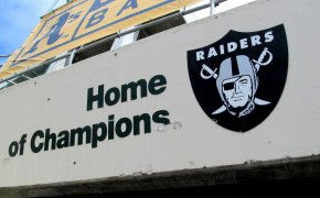 Oakland Raiders logo on the wall at Allegiant Stadium