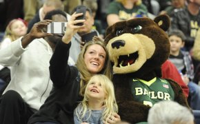 Baylor Bears mascot taking a selfie.