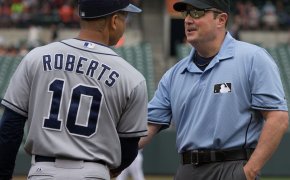 Dave Roberts speaking with an umpire