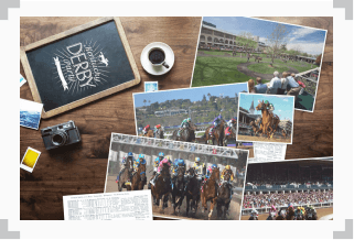 a desk with pictures of horse racing events, camera, coffee