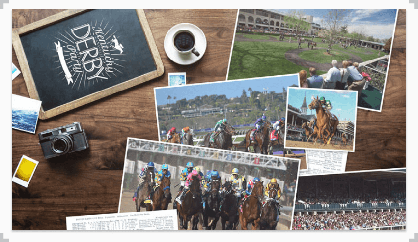 a desk with pictures of horse racing events, camera, coffee