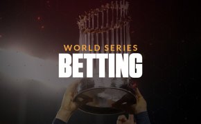 world series betting text overlay on commissioner's trophy