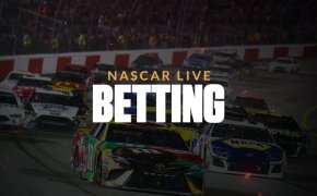 NASCAR live betting text overlay on stock car race