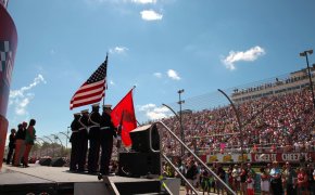 American flags fly at a NASCAR race