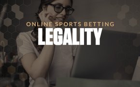 Online sports betting legality text overlay on woman working on laptop