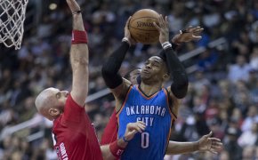 Russell Westbrook rises up for a shot.