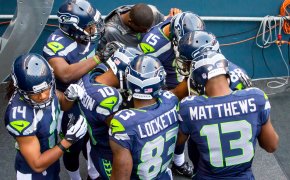 Seahawks in a huddle