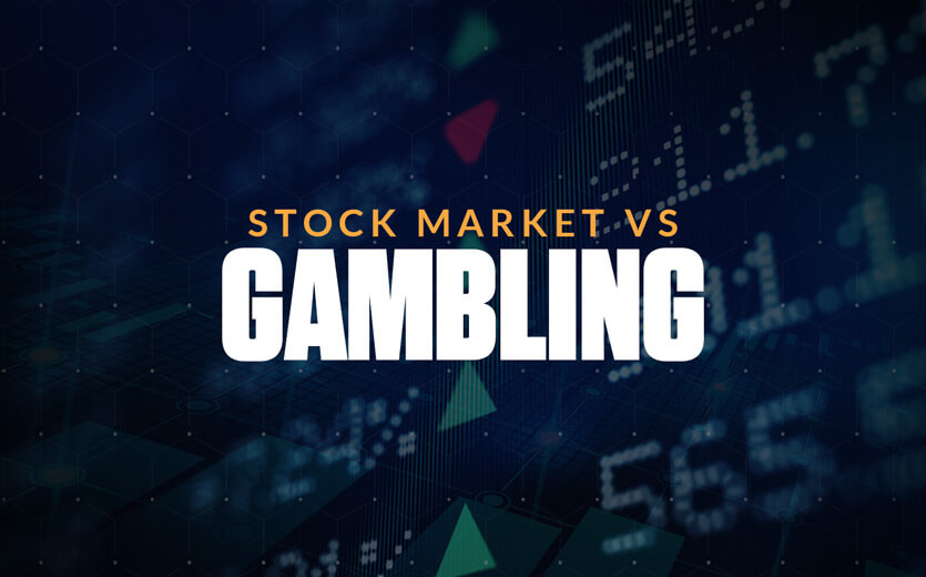 Stock market vs gambling text overlay on NYSE board