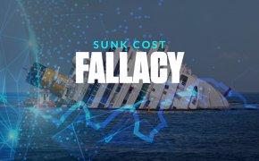sunk cost fallacy text overlay with sinking ship